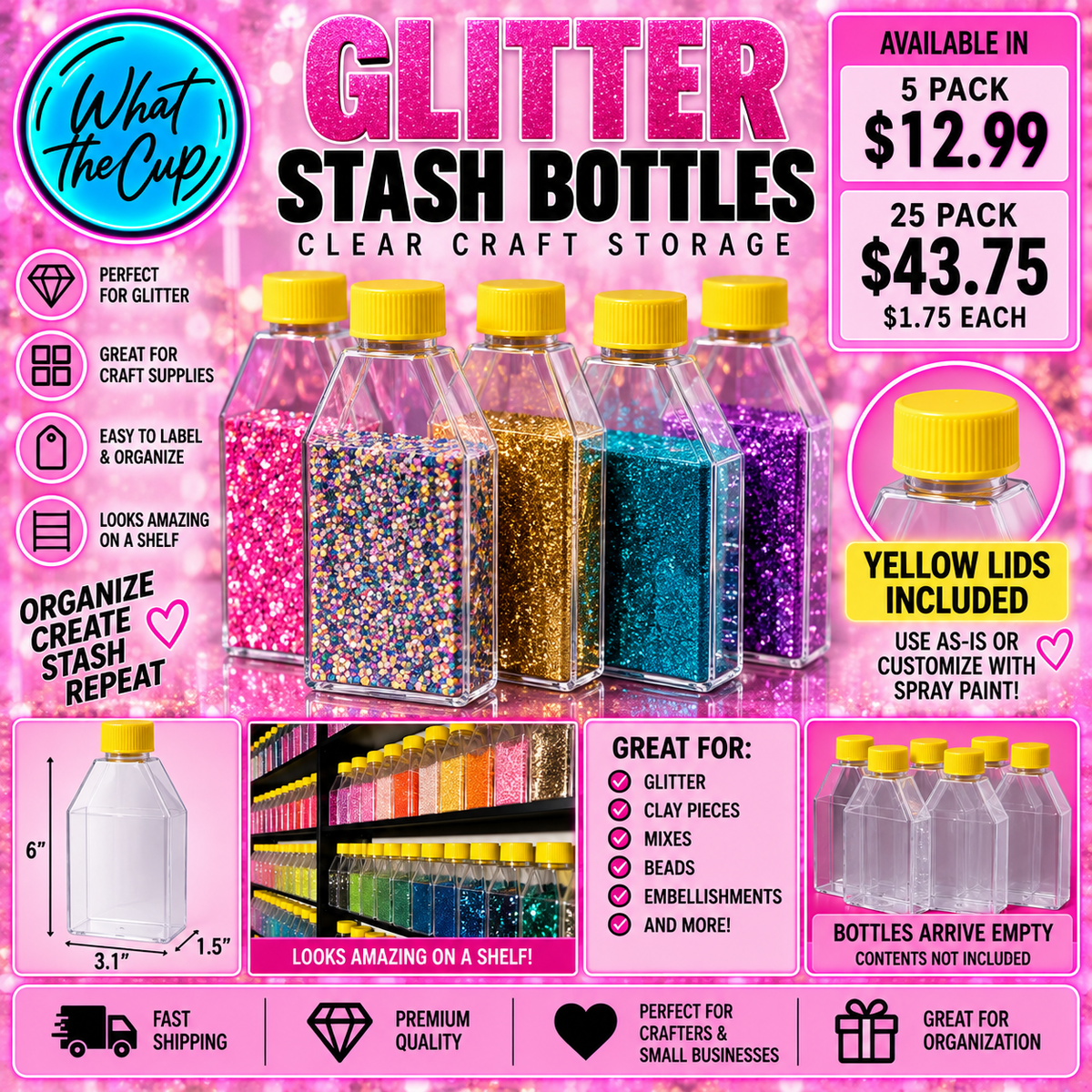 Glitter Stash Bottles - 8oz Clear Craft Storage